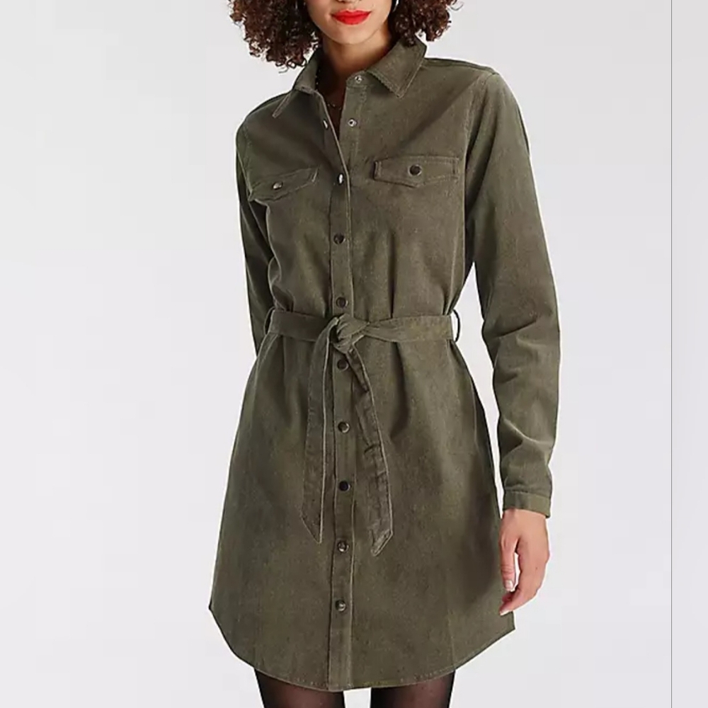 Olive Green Corduroy Button-Up Shirt Dress by PASSPORT - Picture 1 of 6